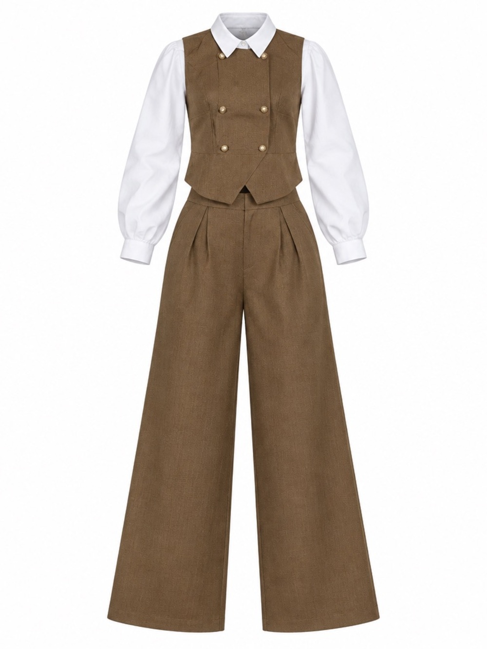 Women’s Outfit Set Wide-Leg Brown High-Waist Trousers with Matching Vest Size L